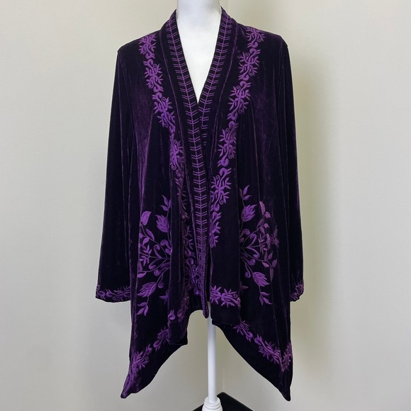 paparazzi Sweaters - Paparazzi Purple Velvet Embroidered Open Front Cardigan Jacket M Boho